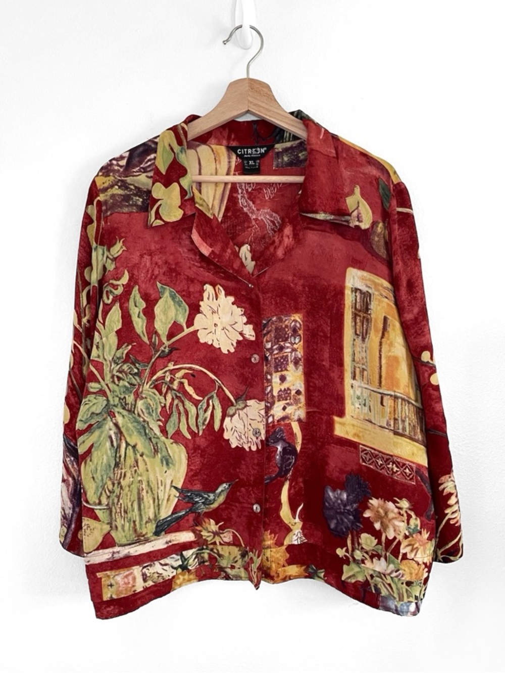 Citron Santa Monica Silk Fukure Blouse Floral Hummingbird Button Up Shirt Red XL